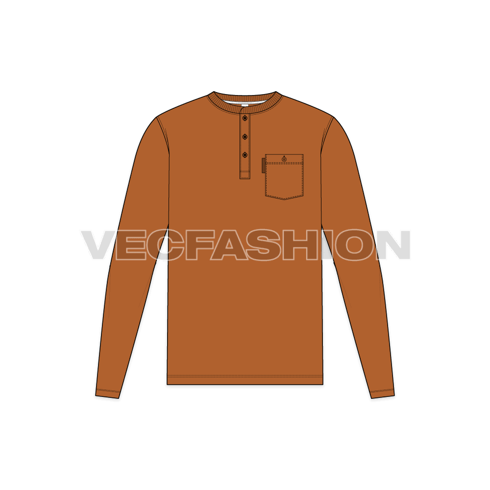 Mens henley neck shirt flat sketch, front view
