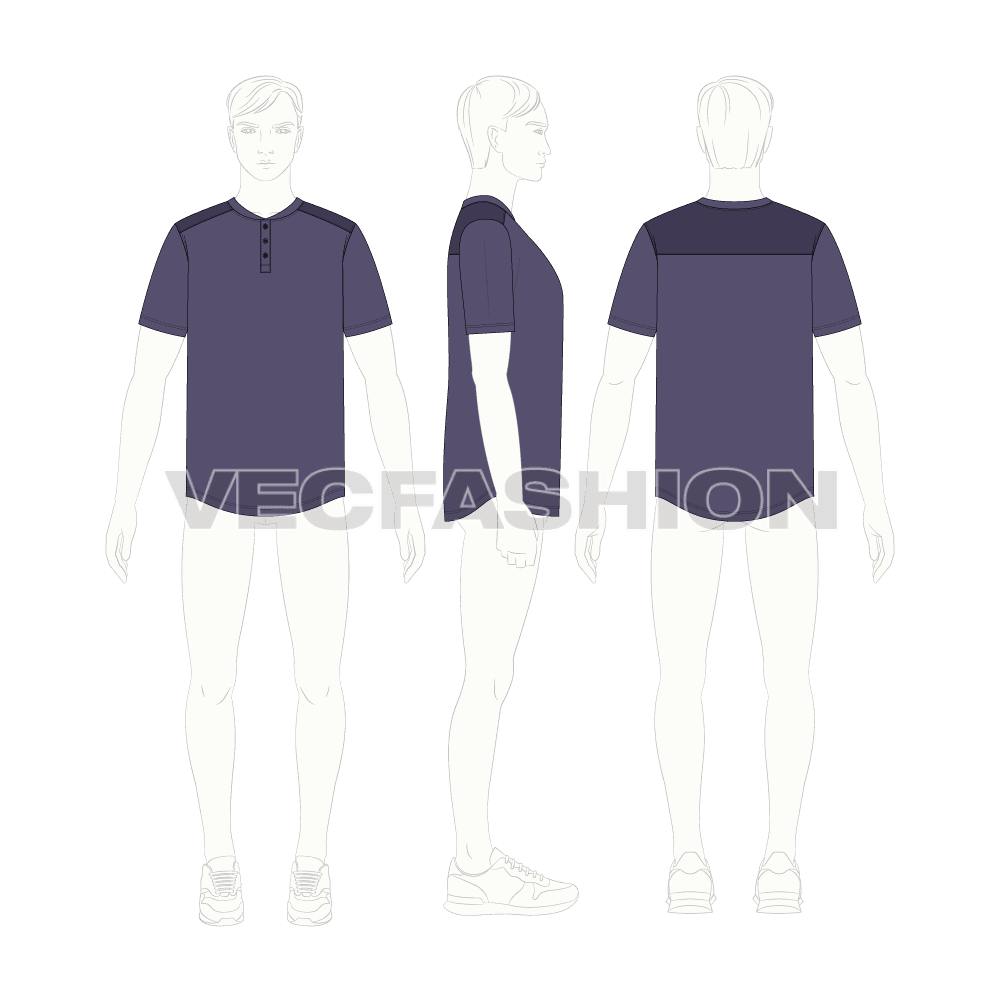 Mens henley neck t-shirt, purple flat sketch, croqui sketch
