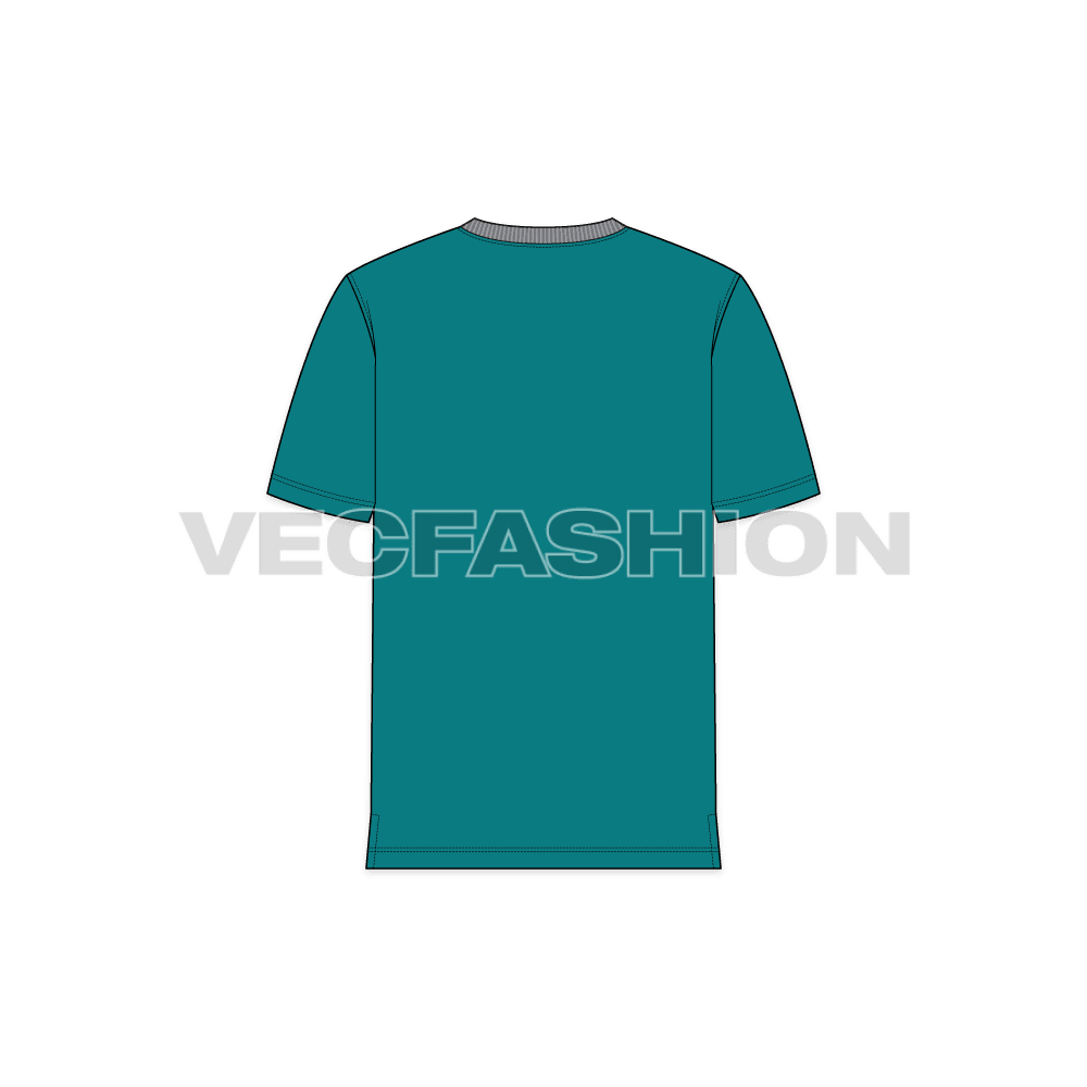 Mens henley neck t-shirt, white grey flat sketch, back view