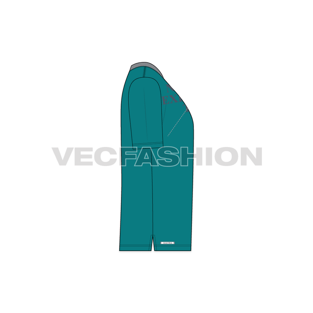 Mens henley neck t-shirt, white grey flat sketch, side view
