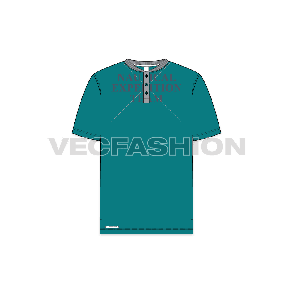 Mens henley neck t-shirt, white grey flat sketch, front view