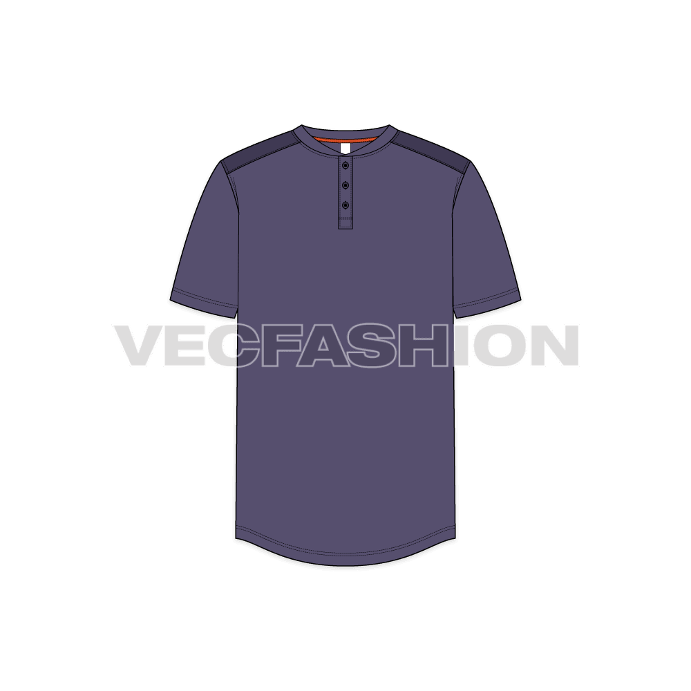 Mens henley neck t-shirt, purple flat sketch, front view