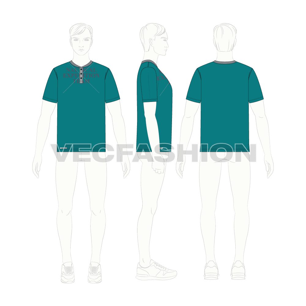 Mens henley neck t-shirt, white grey flat sketch, croqui sketch