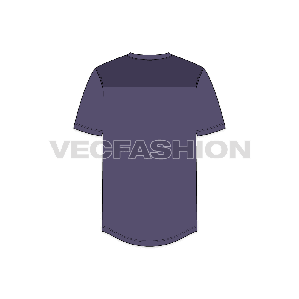 Mens henley neck t-shirt, purple flat sketch, back view
