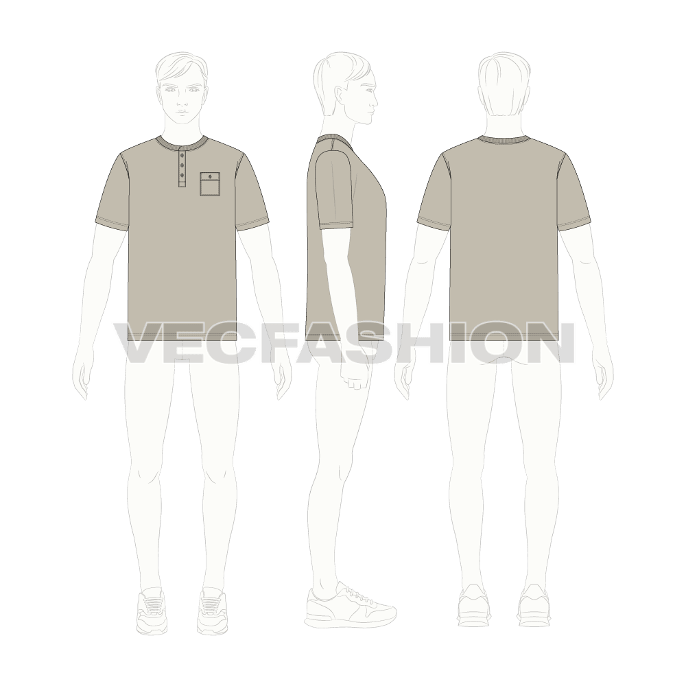 Mens henley neck t-shirt flat sketch, croqui sketch