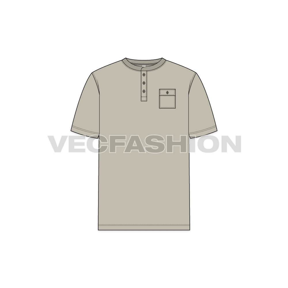 Mens henley neck t-shirt flat sketch, front view