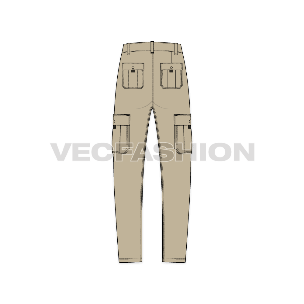 Mens high waisted cargo pants flat sketch, back view