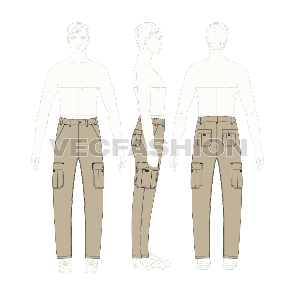 Mens high waisted cargo pants flat sketch, croqui sketch