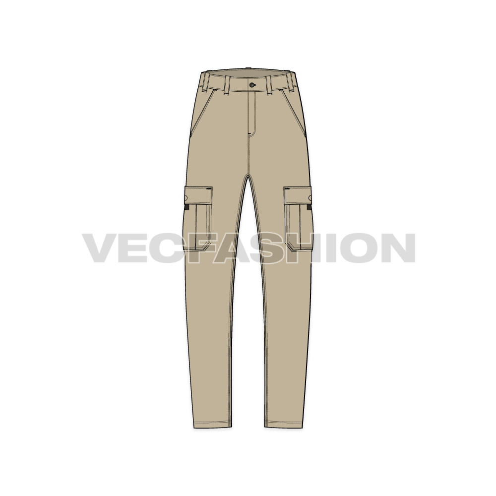 Mens high waisted cargo pants flat sketch, front view