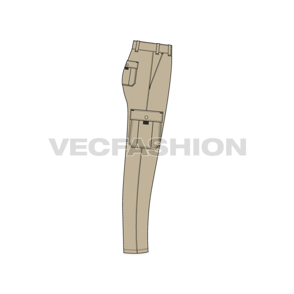 Mens high waisted cargo pants flat sketch, side view