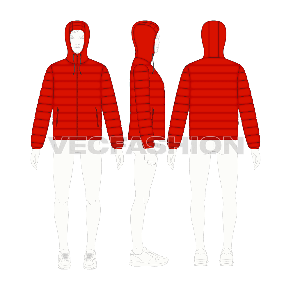 Mens Hooded Down Jacket flat sketch, croqui sketch