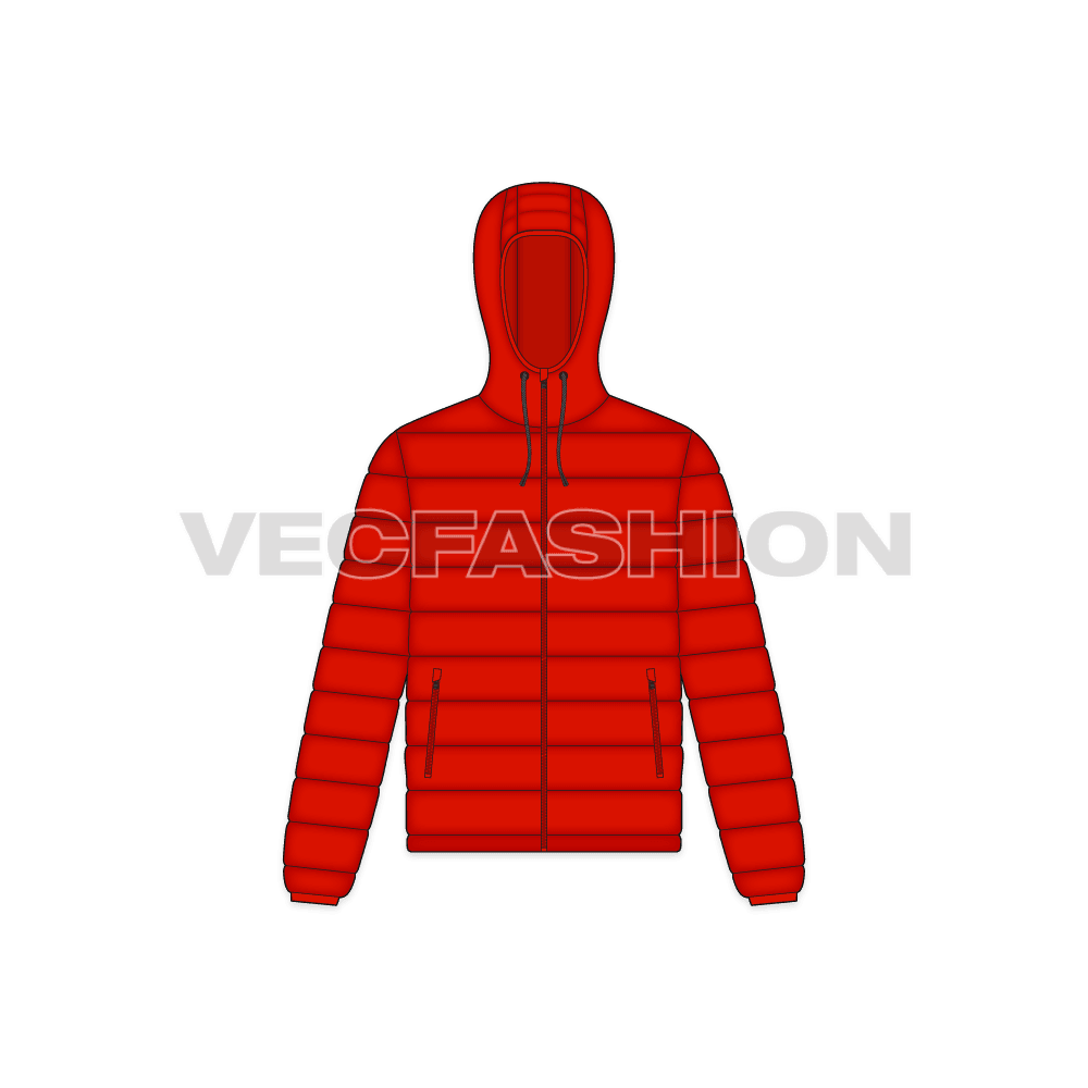 Mens Hooded Down Jacket flat sketch, front view
