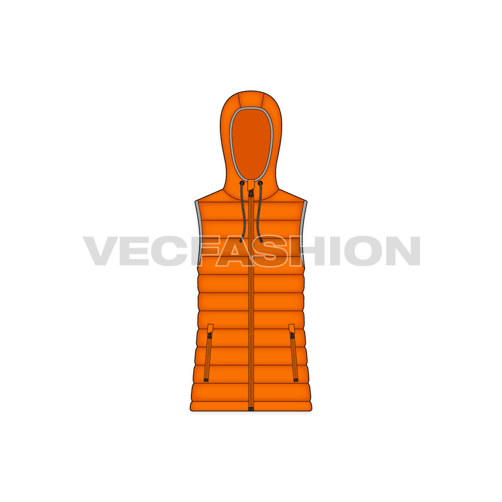 Mens hooded down vest flat sketch, front view
