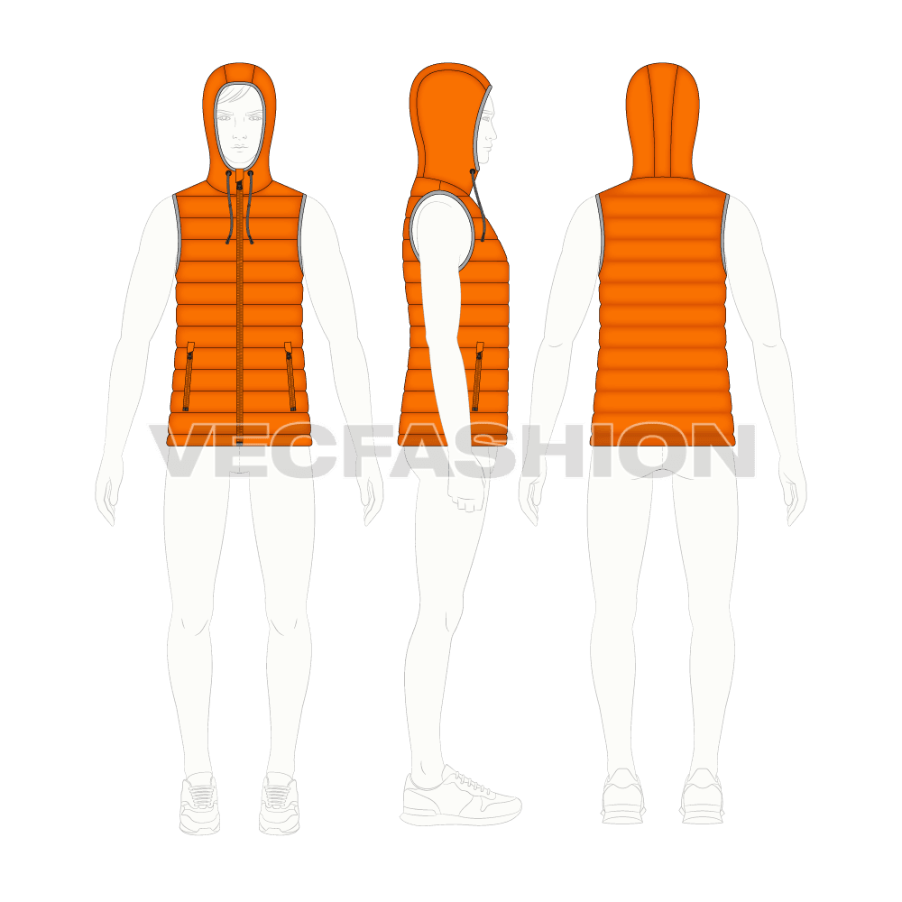 Mens hooded down vest flat sketch, croqui sketch