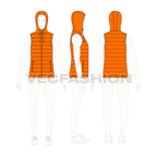Mens hooded down vest flat sketch, croqui sketch