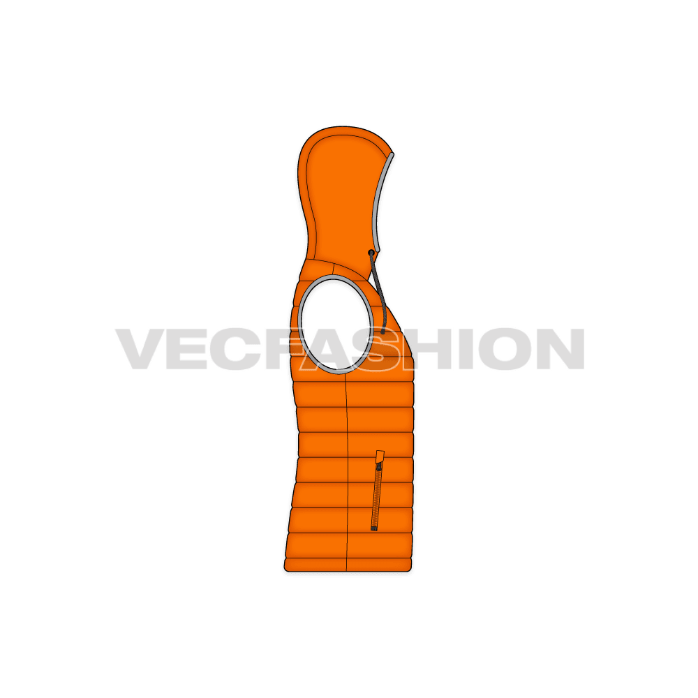 Mens hooded down vest flat sketch, side view