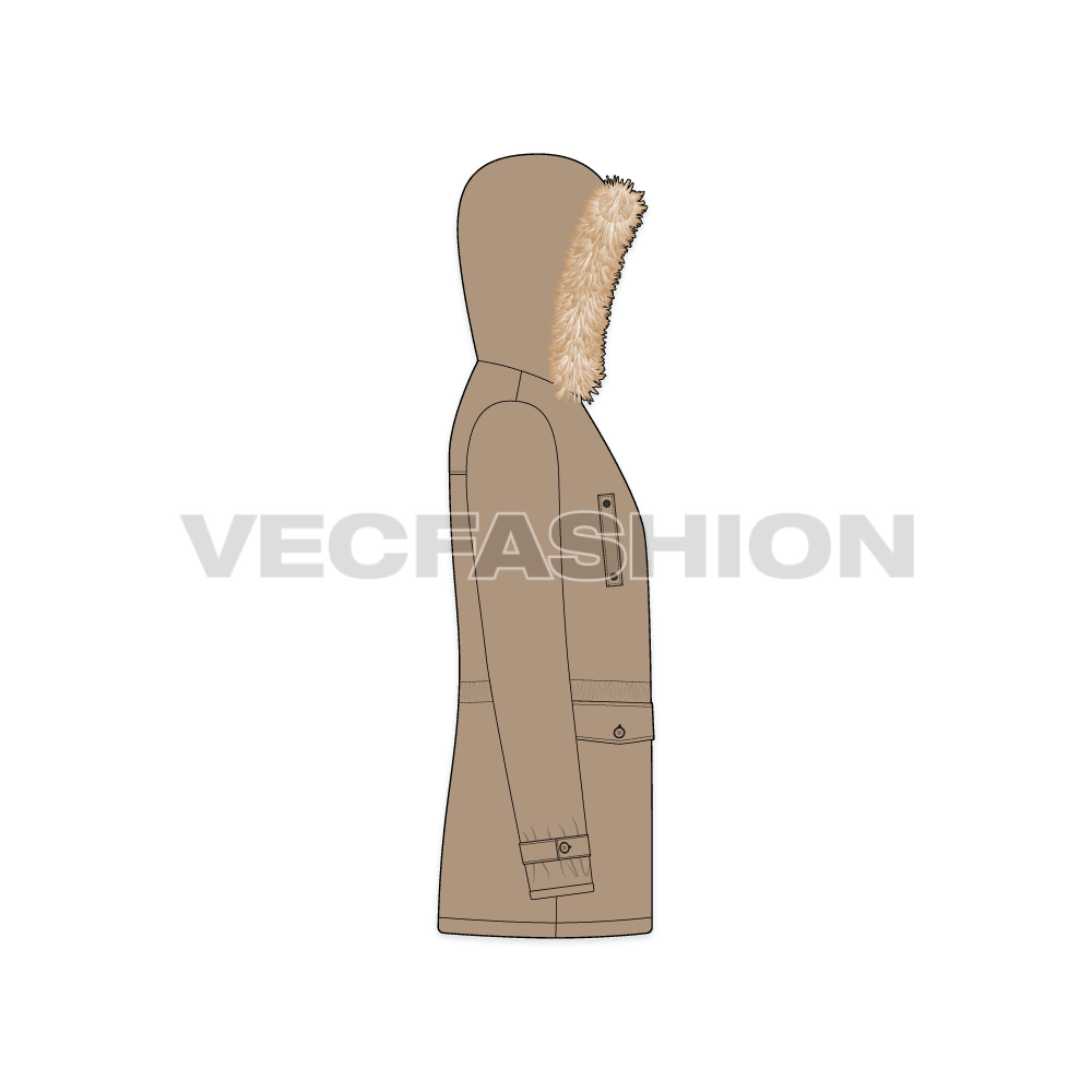 Mens Hooded Parka Jacket flat sketch, side view