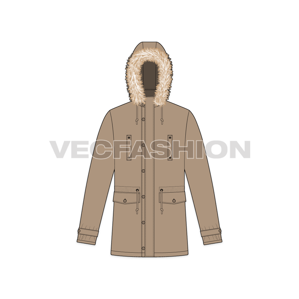 Mens Hooded Parka Jacket flat sketch, front view