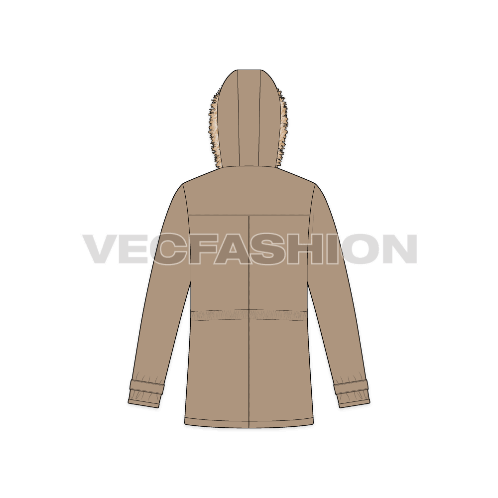 Mens Hooded Parka Jacket flat sketch, back view