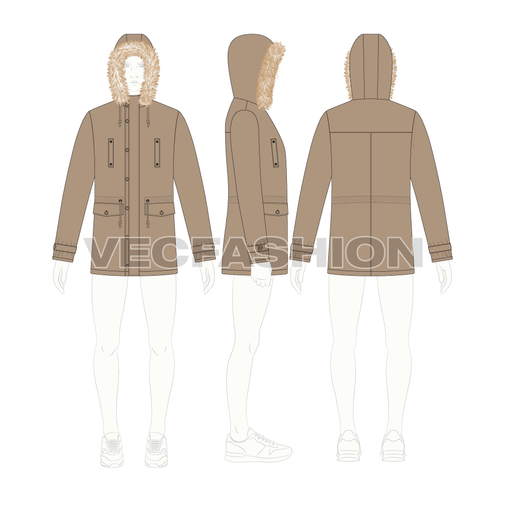 Mens Hooded Parka Jacket flat sketch, croqui sketch