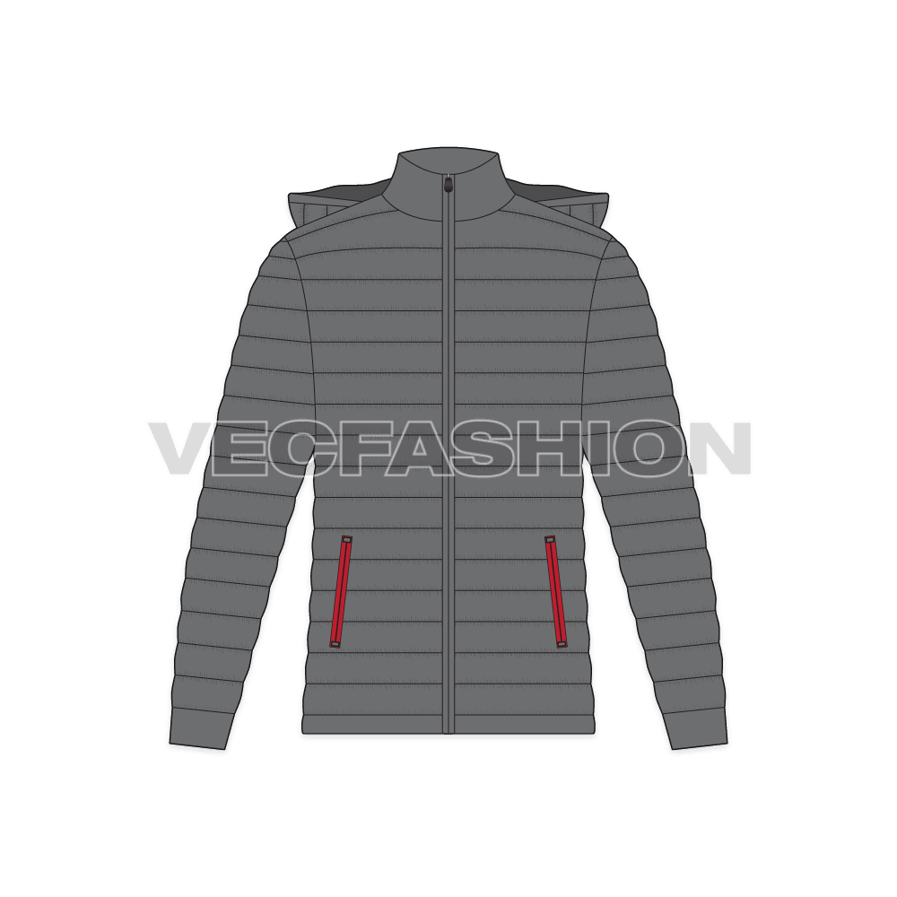 Mens Hooded Down Jacket flat sketch, front view