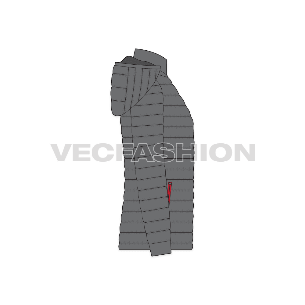 Mens Hooded Down Jacket flat sketch, side view