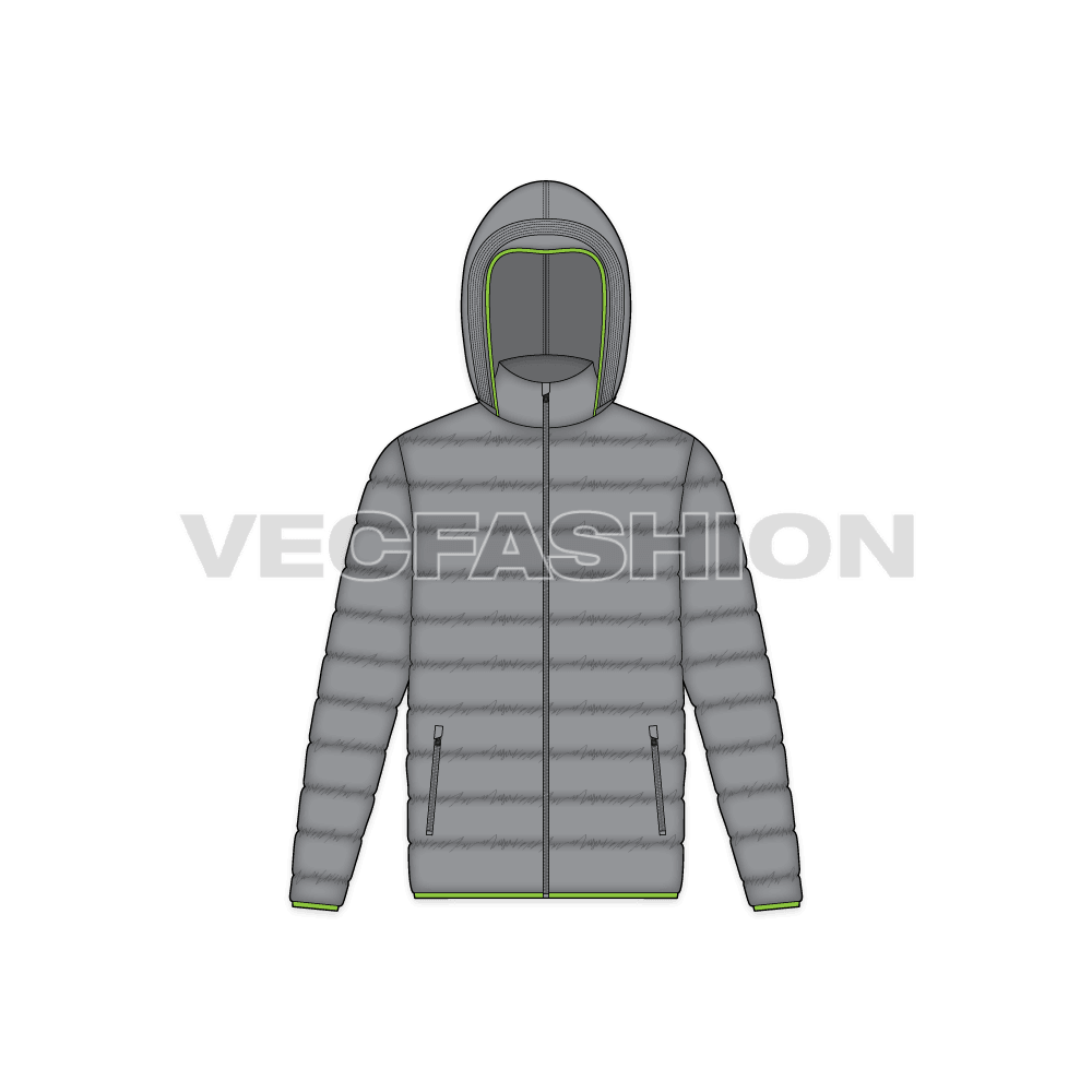 Mens Hooded Puffer Jacket flat sketch, front view