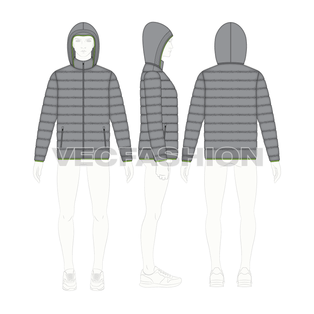 Mens Hooded Puffer Jacket flat sketch, croqui sketch