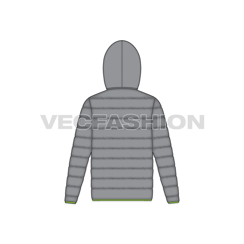 Mens Hooded Puffer Jacket flat sketch, back view