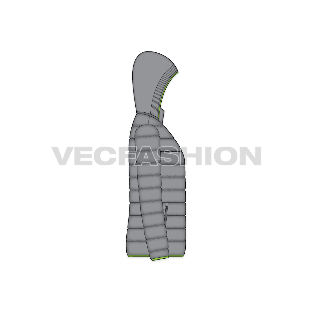 Mens Hooded Puffer Jacket flat sketch, side view