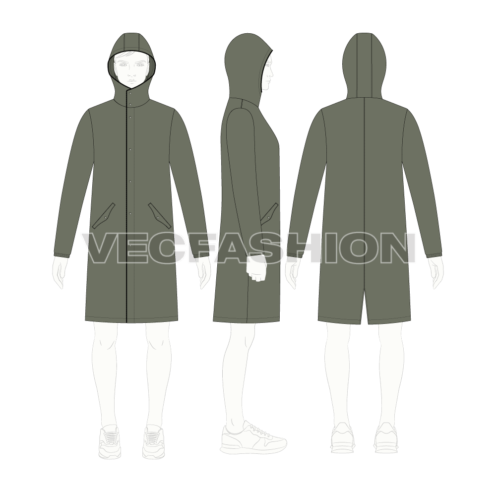 Mens Hooded Rain Coat flat sketch, croqui sketch
