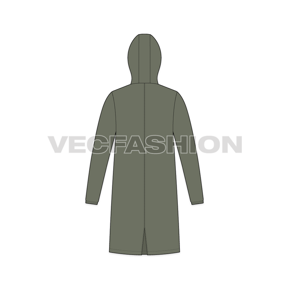 Mens Hooded Rain Coat flat sketch, back view