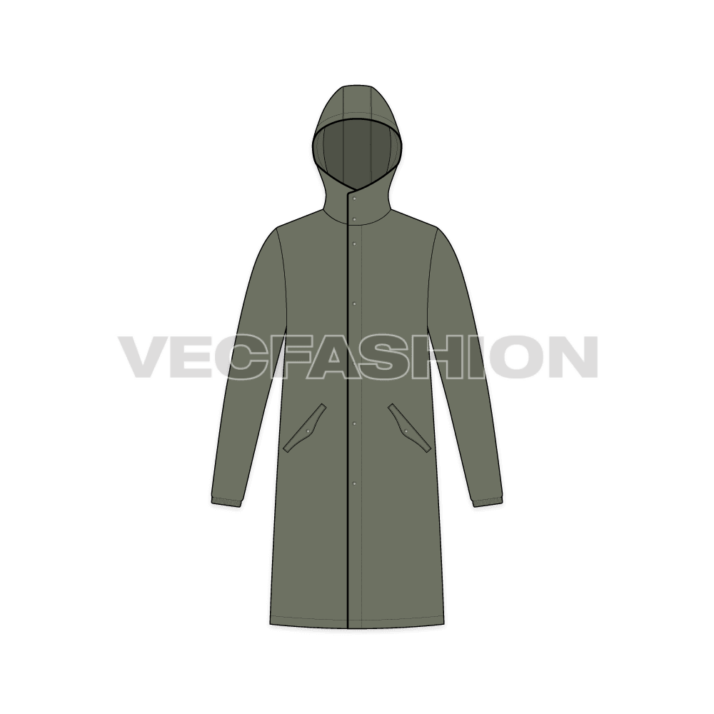 Mens Hooded Rain Coat flat sketch, front view