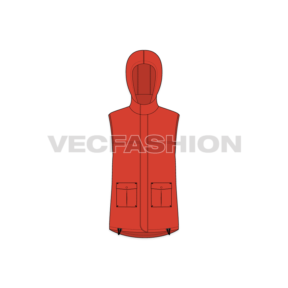 Mens hooded vest flat sketch, front view