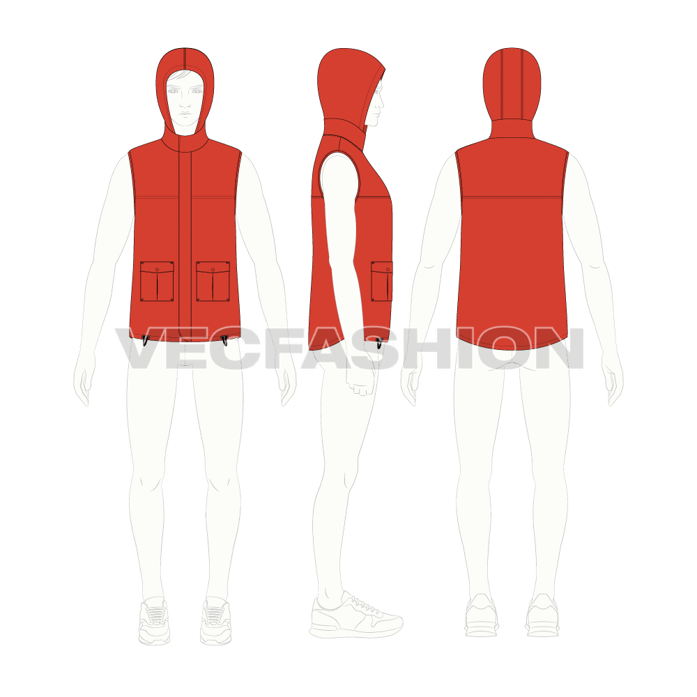 Mens hooded vest flat sketch, croqui sketch