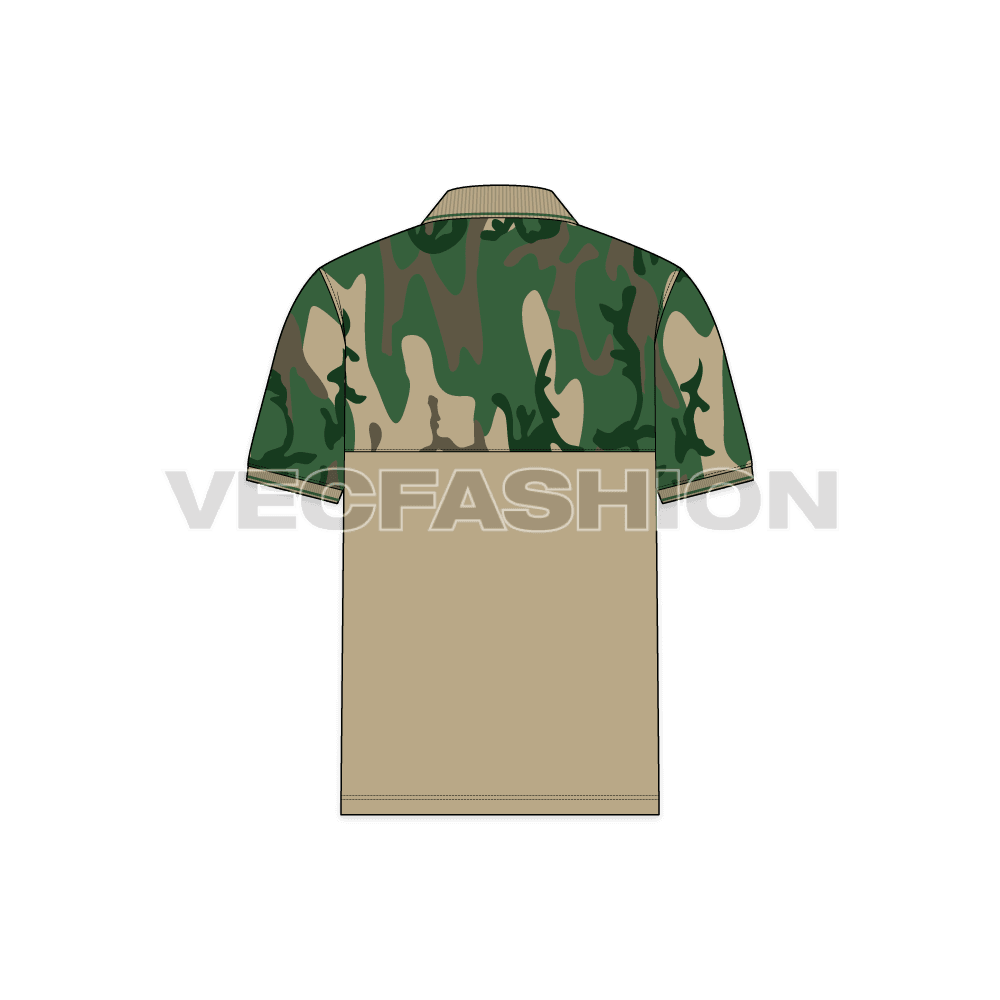 Mens hunter polo shirt with camouflage print flat sketch, back view