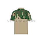 Mens hunter polo shirt with camouflage print flat sketch, back view