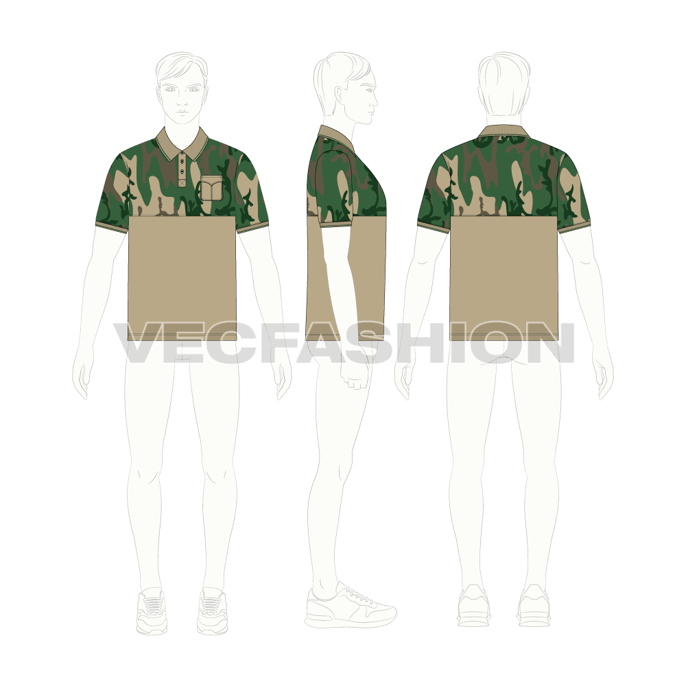 Mens hunter polo shirt with camouflage print flat sketch, croqui sketch