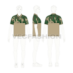 Mens hunter polo shirt with camouflage print flat sketch, croqui sketch