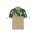 Mens hunter polo shirt with camouflage print flat sketch, front view