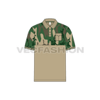 Mens hunter polo shirt with camouflage print flat sketch, front view