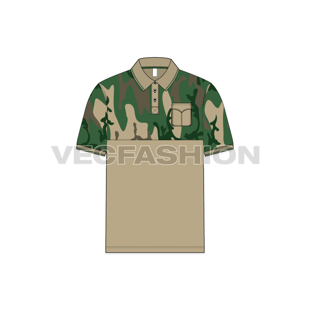 Mens hunter polo shirt with camouflage print flat sketch, front view