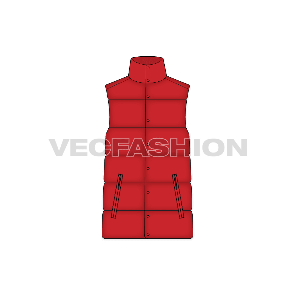 Mens insulated puffer vest flat sketch, front view