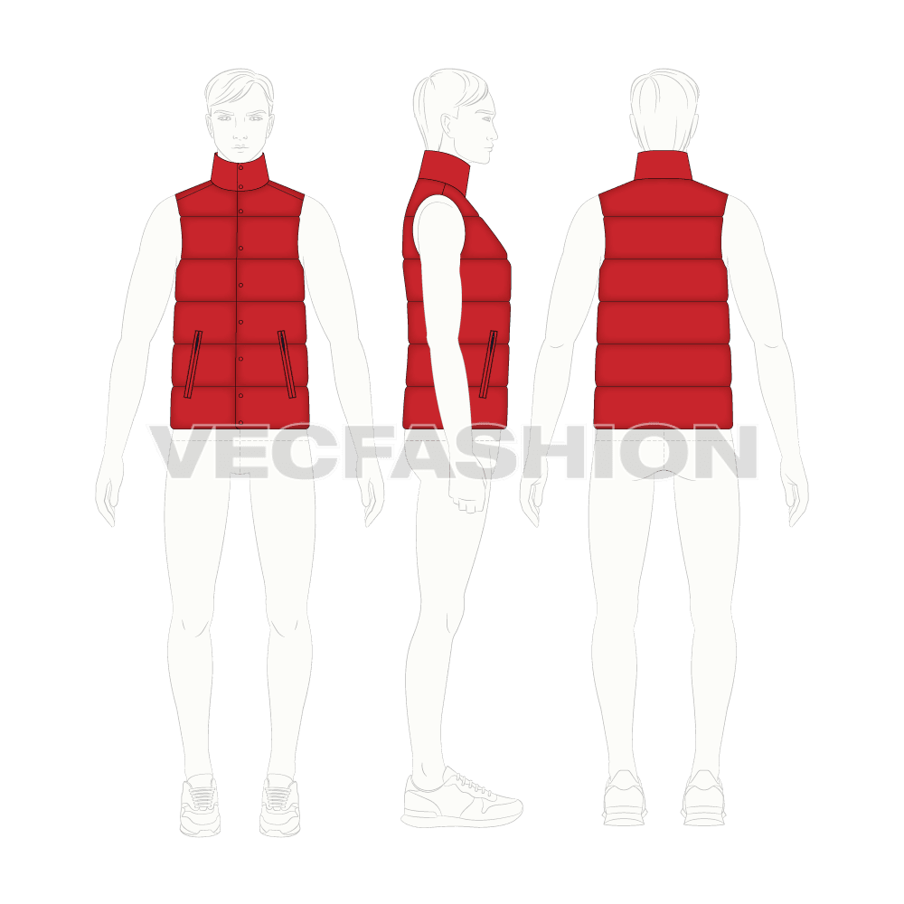 Mens insulated puffer vest flat sketch, croqui sketch
