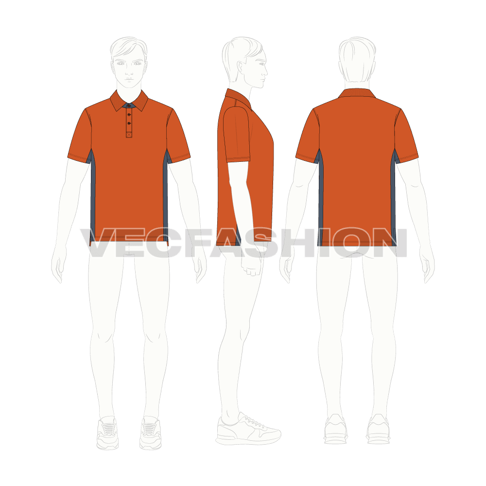 Mens jersey polo neck shirt flat sketch, croqui sketch