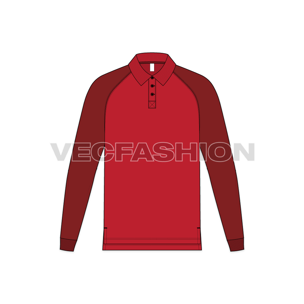 Mens jersey polo shirt with raglan sleeves flat sketch, front view