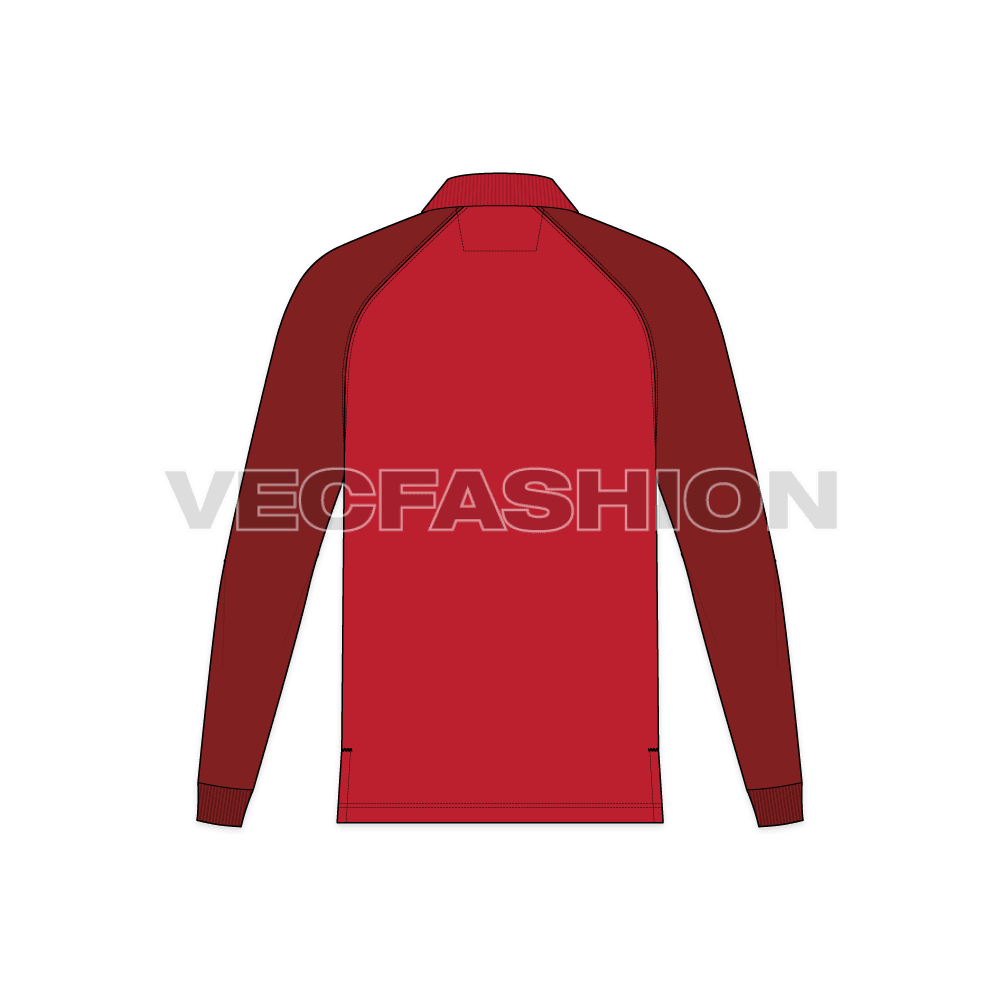 Mens jersey polo shirt with raglan sleeves flat sketch, back view