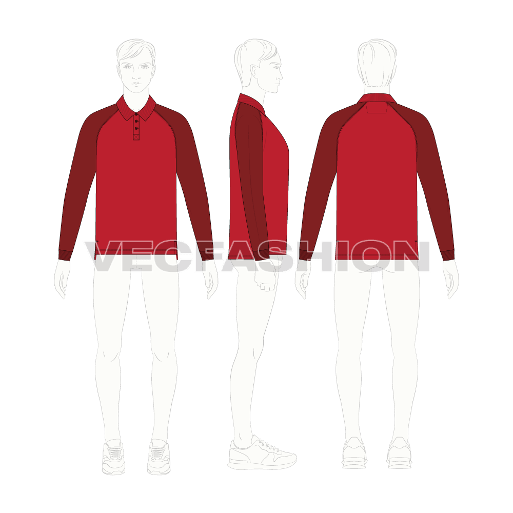 Mens jersey polo shirt with raglan sleeves flat sketch, croqui sketch