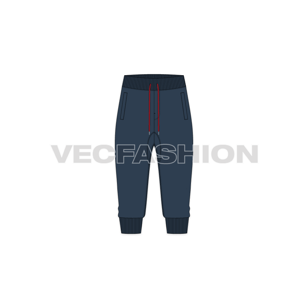 Mens joggers calf length flat sketch, front view