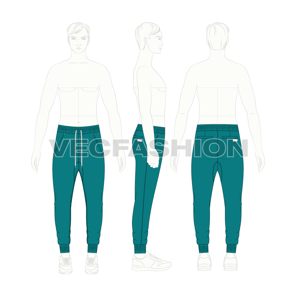 Mens joggers slim fit full length flat sketch, croqui sketch
